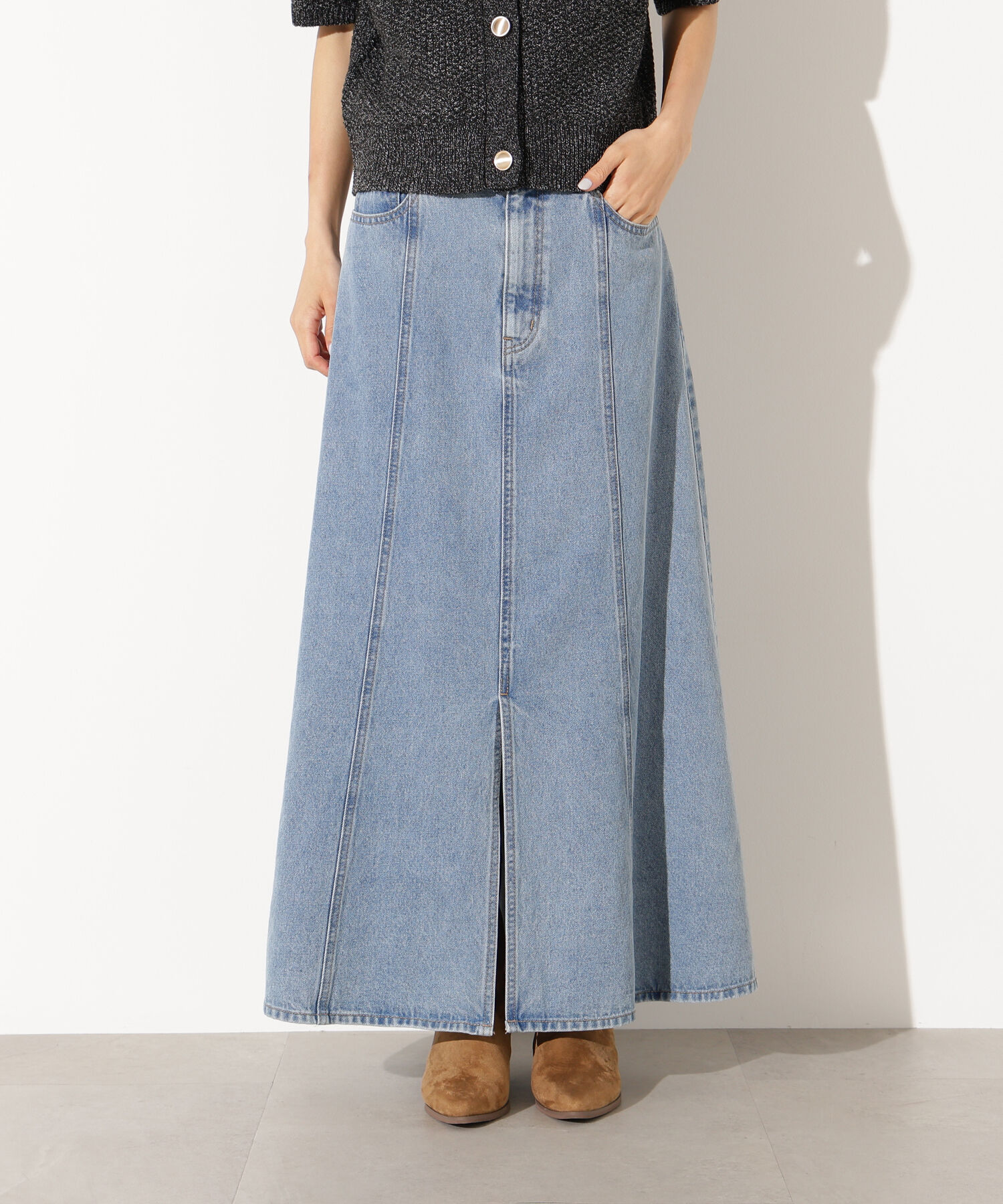  「パネル切替デニムフレアスカート」|スカート|