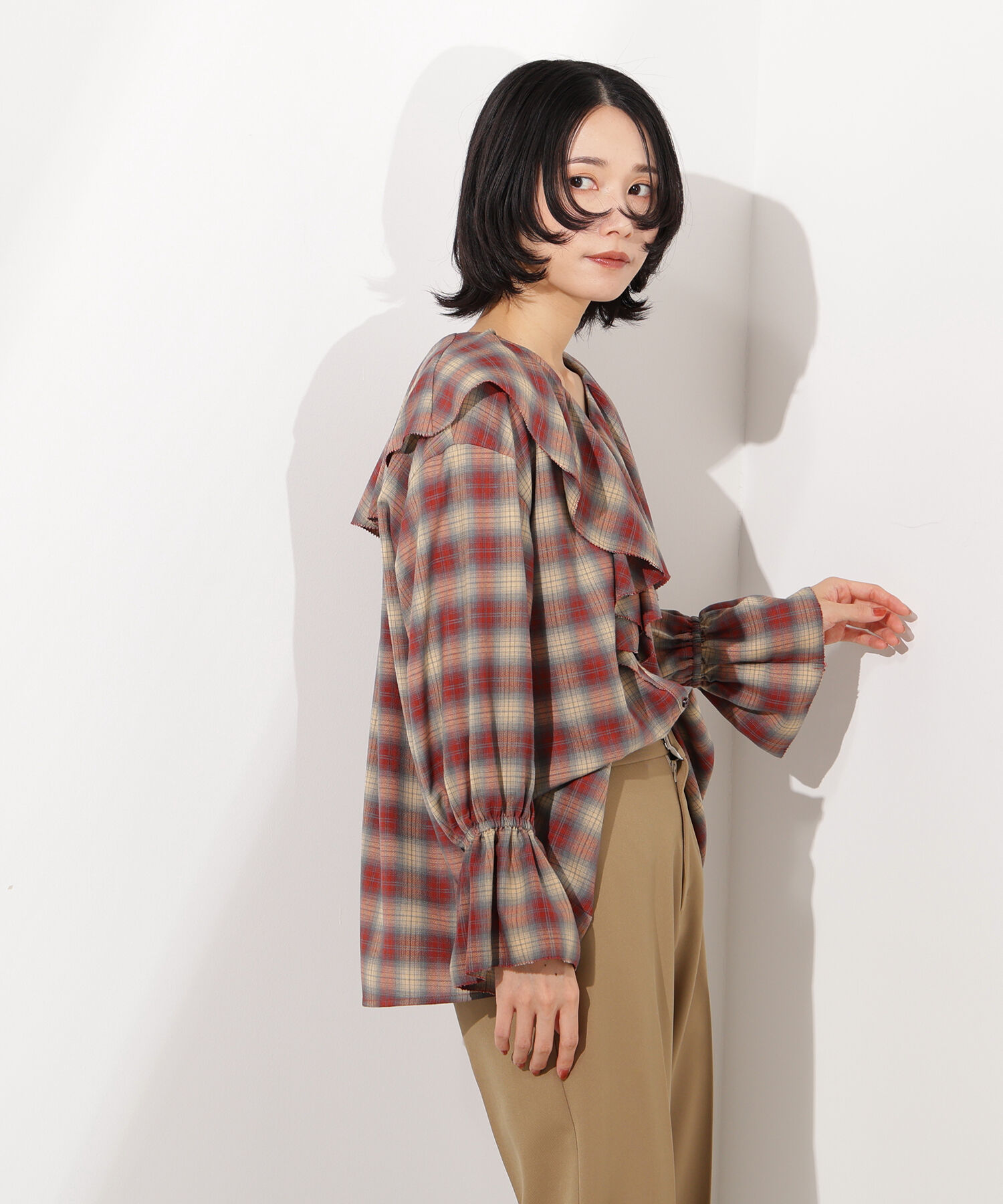  「チェックラッフルブラウス」|シャツ・ブラウス|