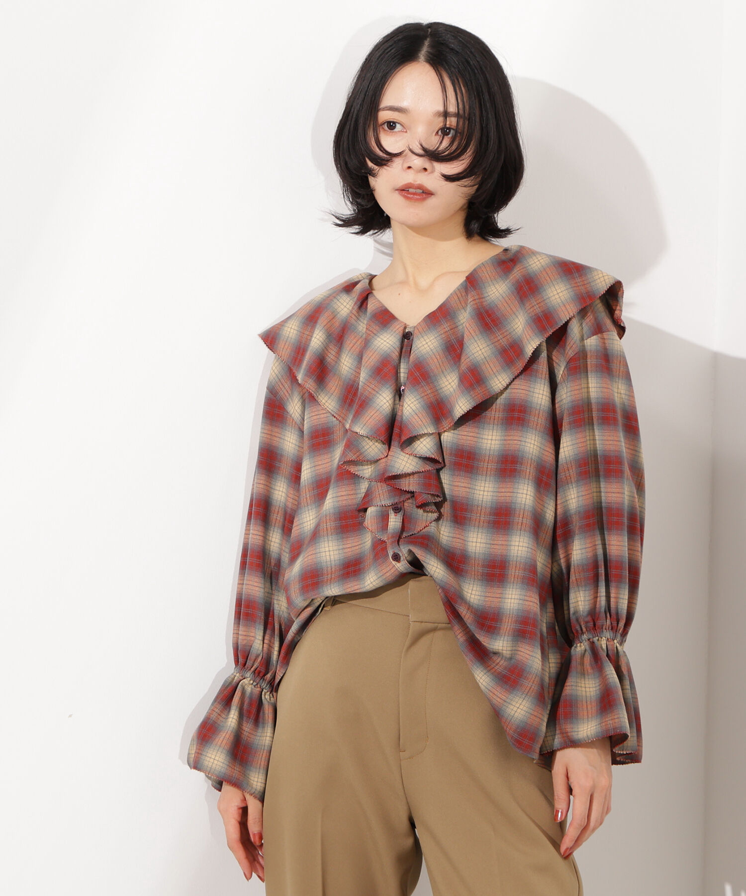  「チェックラッフルブラウス」|シャツ・ブラウス|