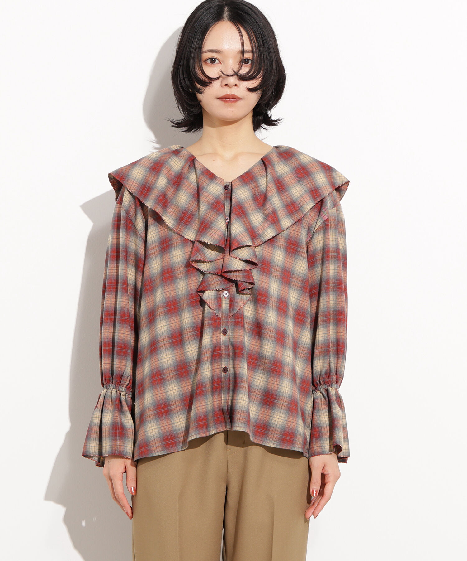  「チェックラッフルブラウス」|シャツ・ブラウス|