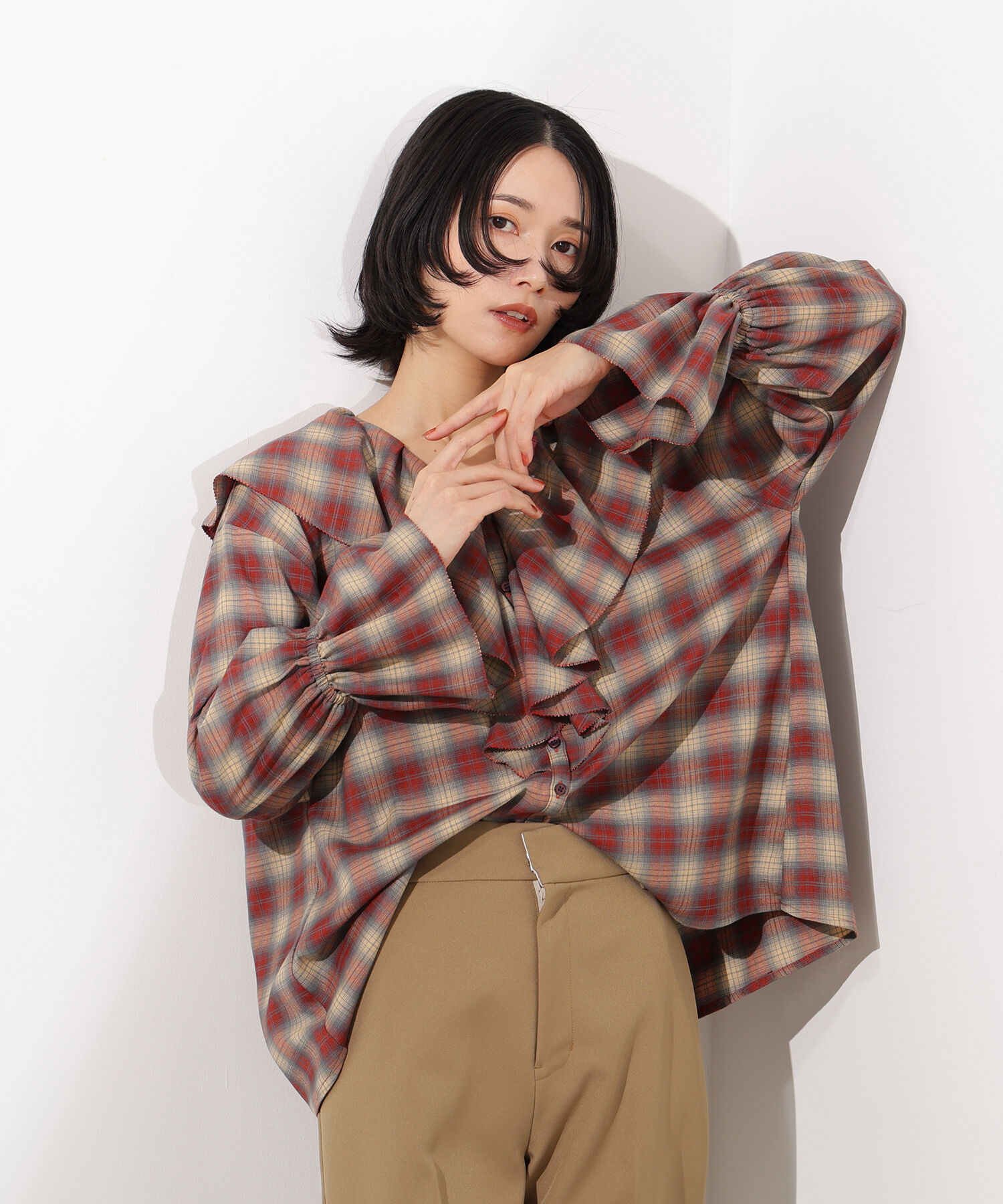  「チェックラッフルブラウス」|シャツ・ブラウス|