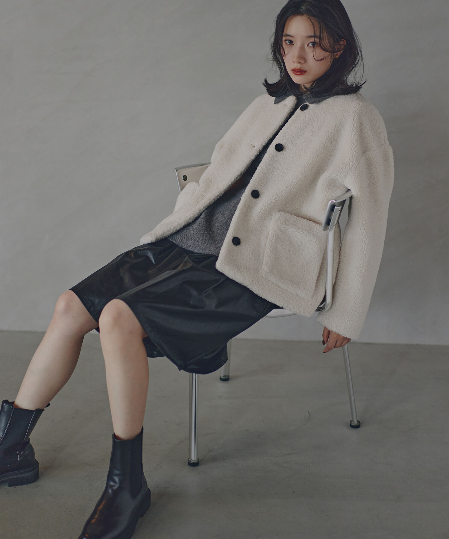  「ノーカラーボアブルゾン」|ブルゾン・スタジャン|オフ1