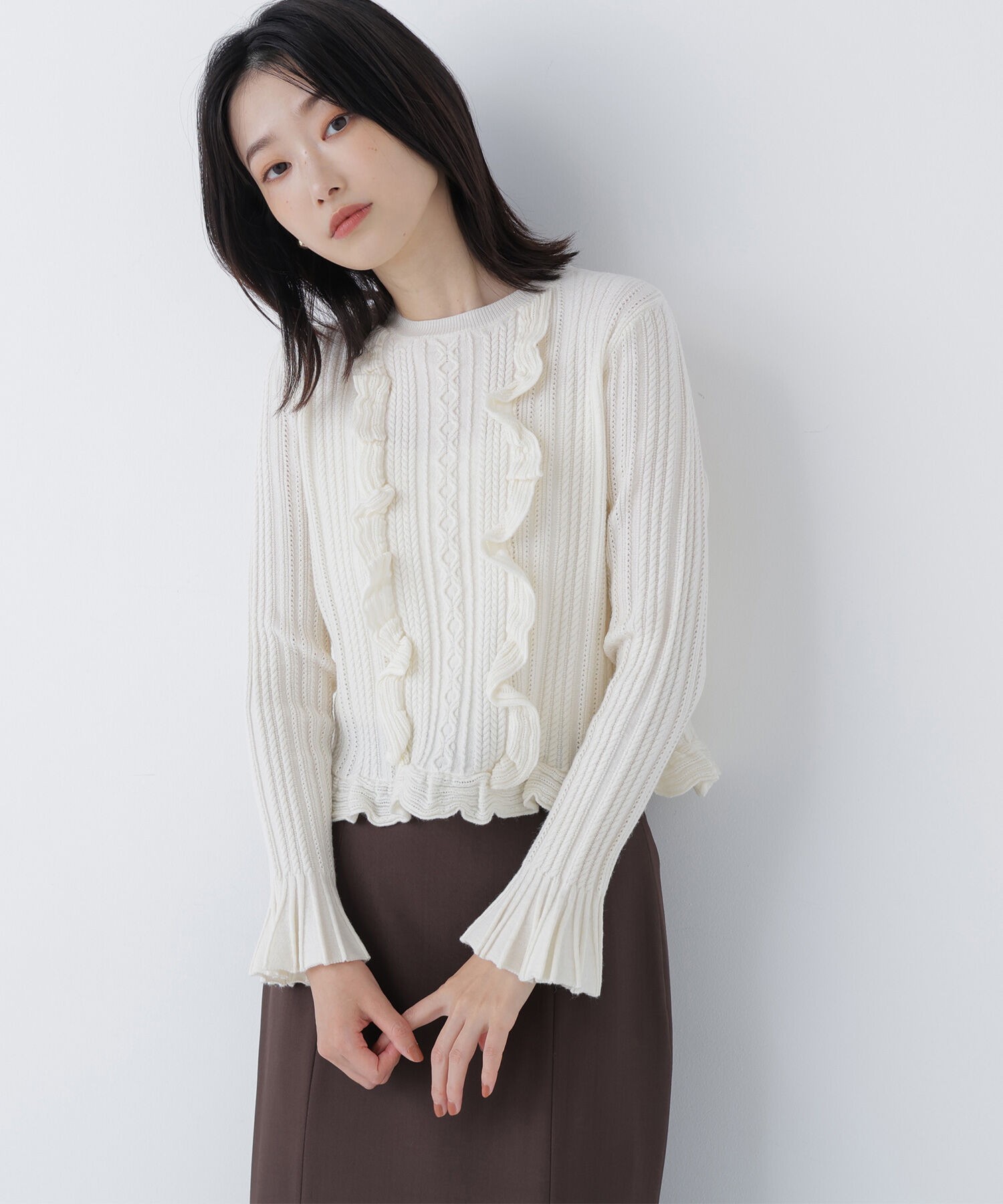 「ミニケーブルフリルニット」|ニット・セーター|オフホワイト1