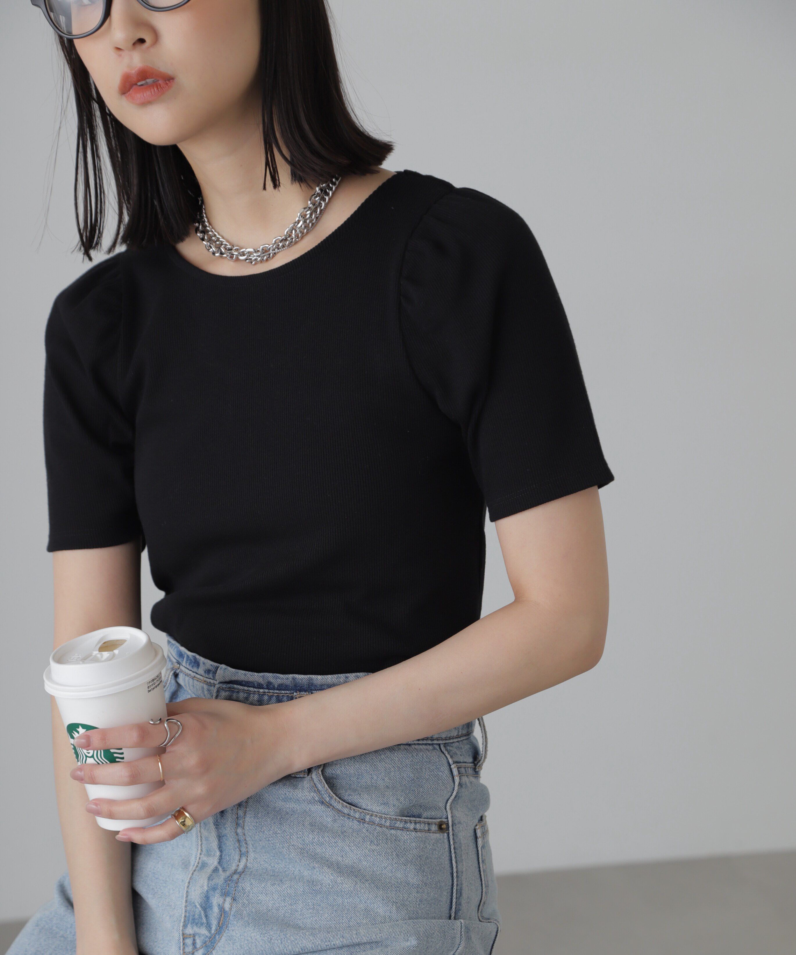  「バックリボンパフスリーブテレコカットソー」|Tシャツ・カットソー|ブラック