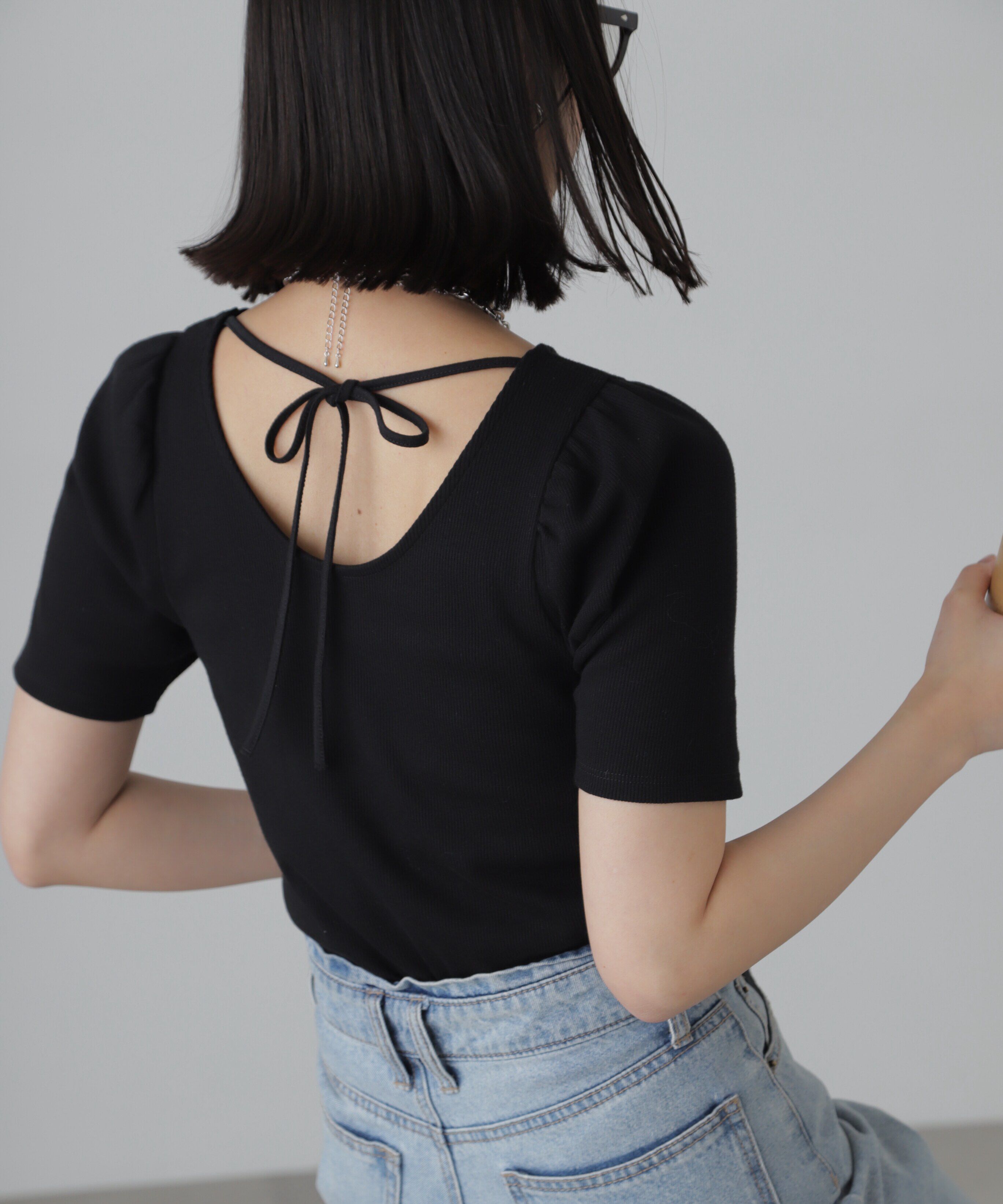  「バックリボンパフスリーブテレコカットソー」|Tシャツ・カットソー|