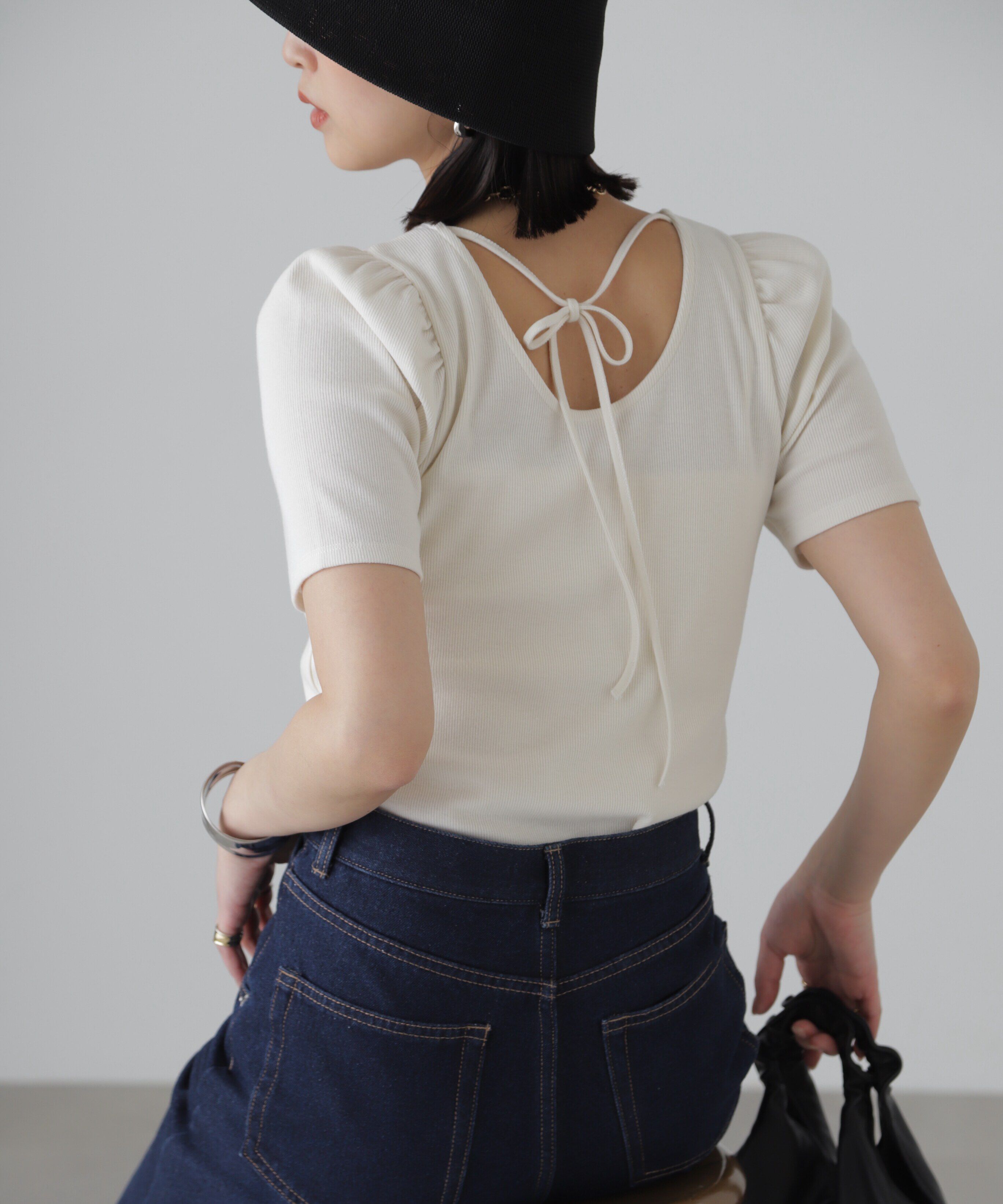  「バックリボンパフスリーブテレコカットソー」|Tシャツ・カットソー|