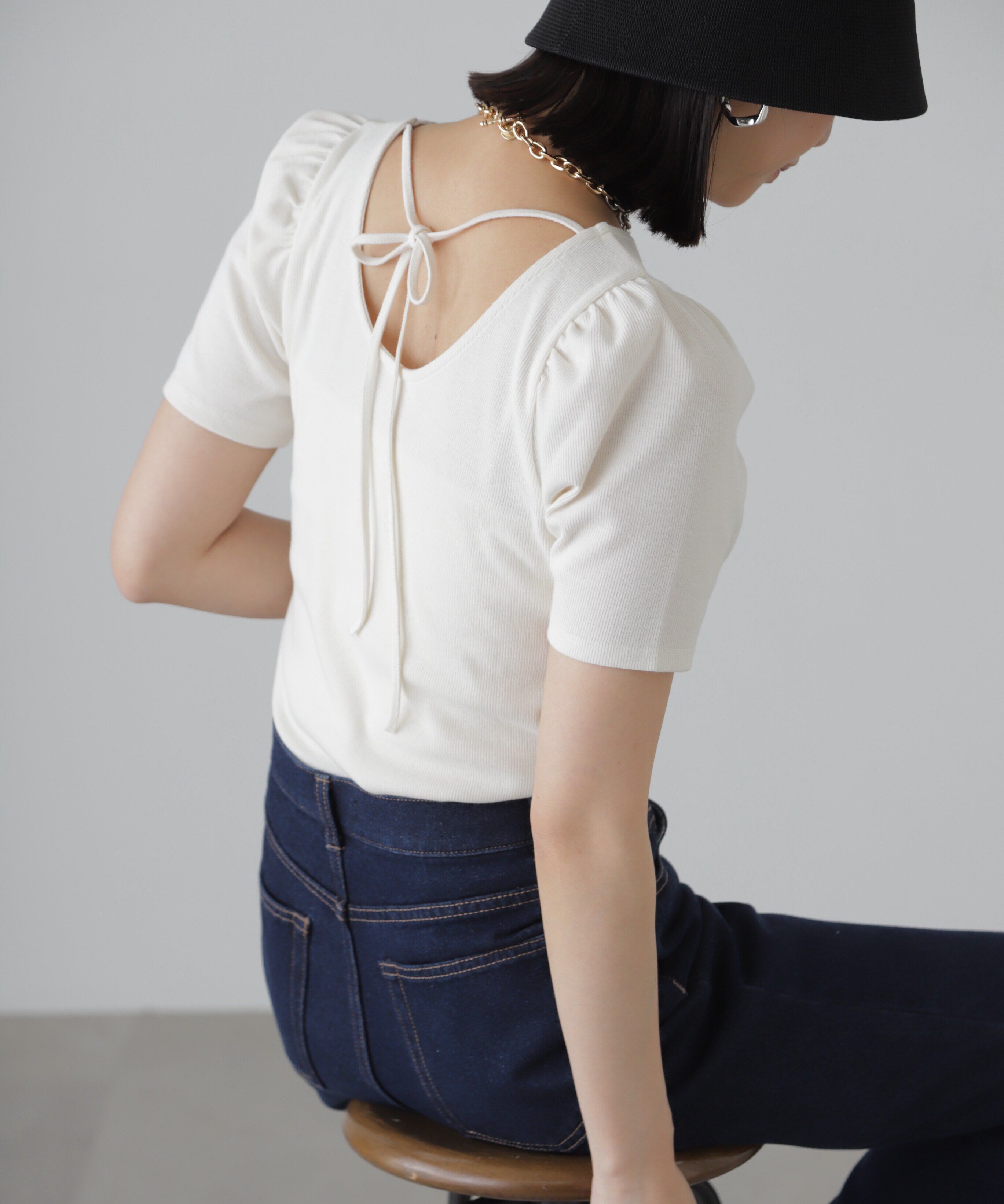  「バックリボンパフスリーブテレコカットソー」|Tシャツ・カットソー|