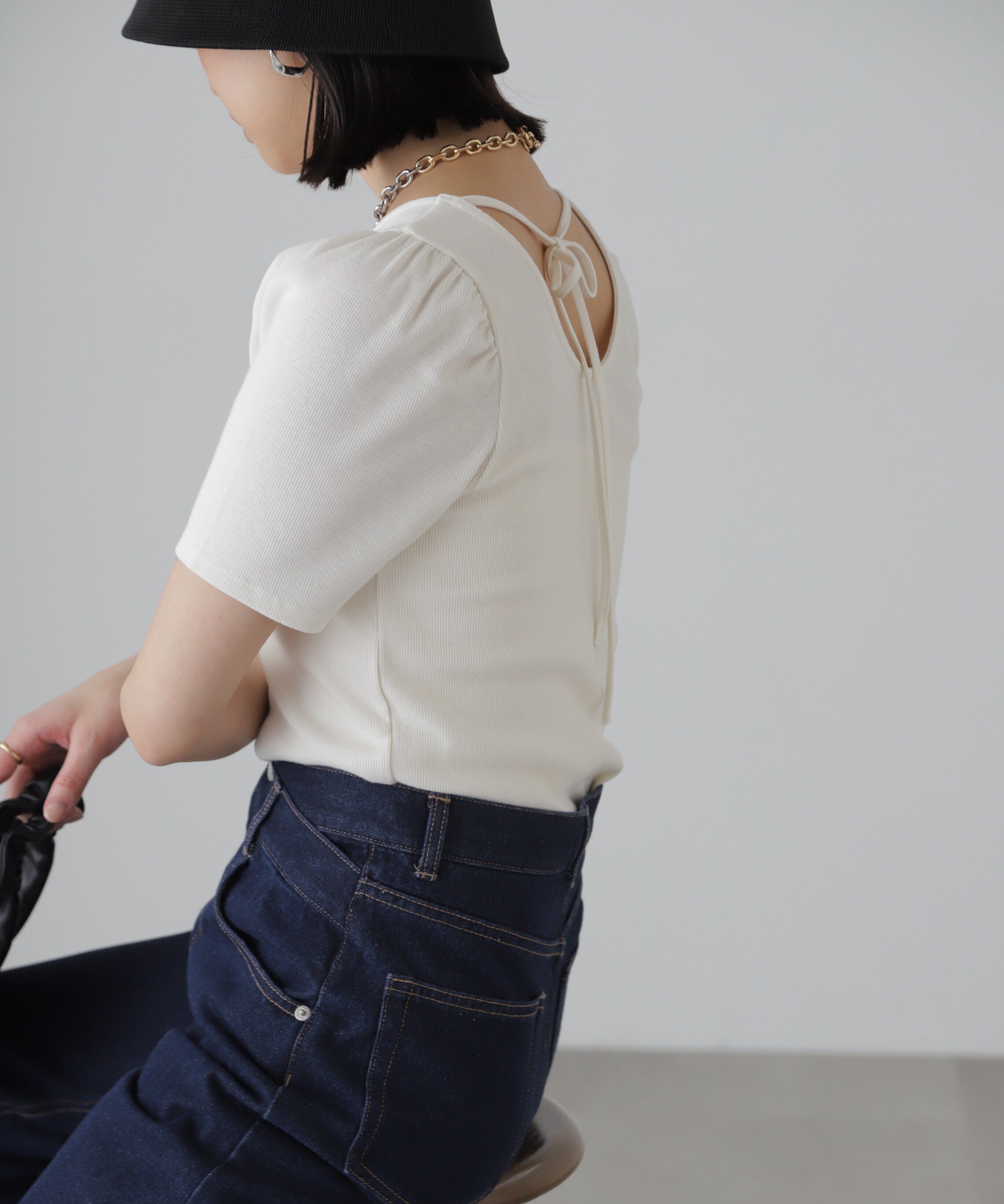  「バックリボンパフスリーブテレコカットソー」|Tシャツ・カットソー|