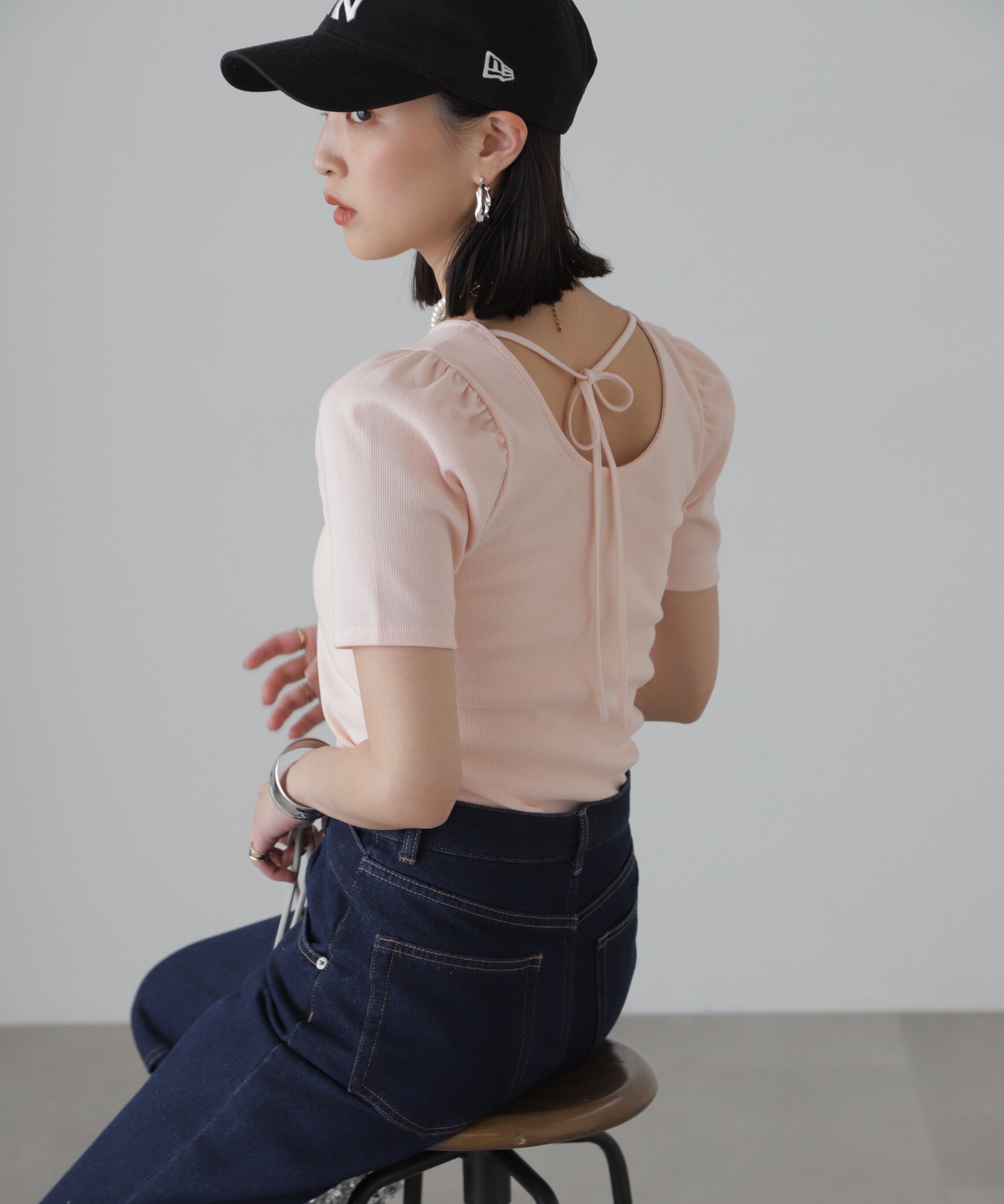  「バックリボンパフスリーブテレコカットソー」|Tシャツ・カットソー|