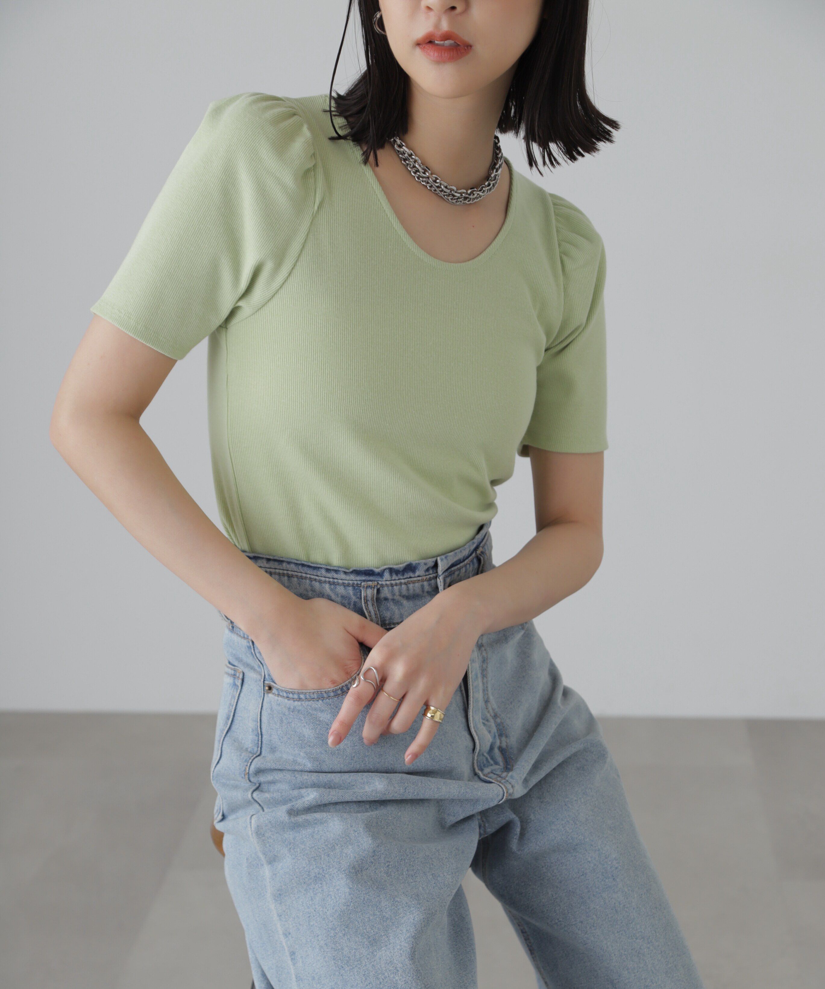  「バックリボンパフスリーブテレコカットソー」|Tシャツ・カットソー|ライトグリー