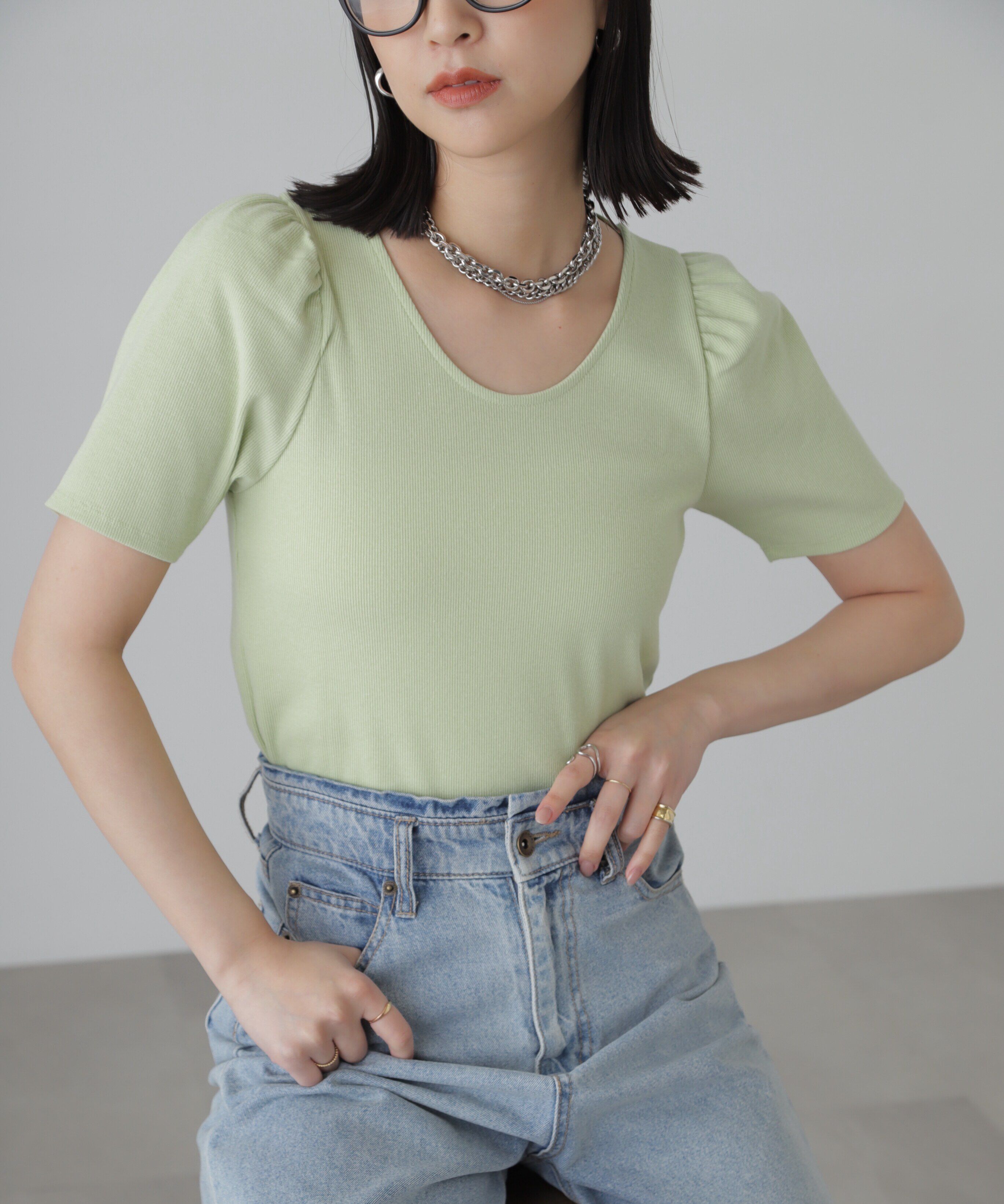  「バックリボンパフスリーブテレコカットソー」|Tシャツ・カットソー|