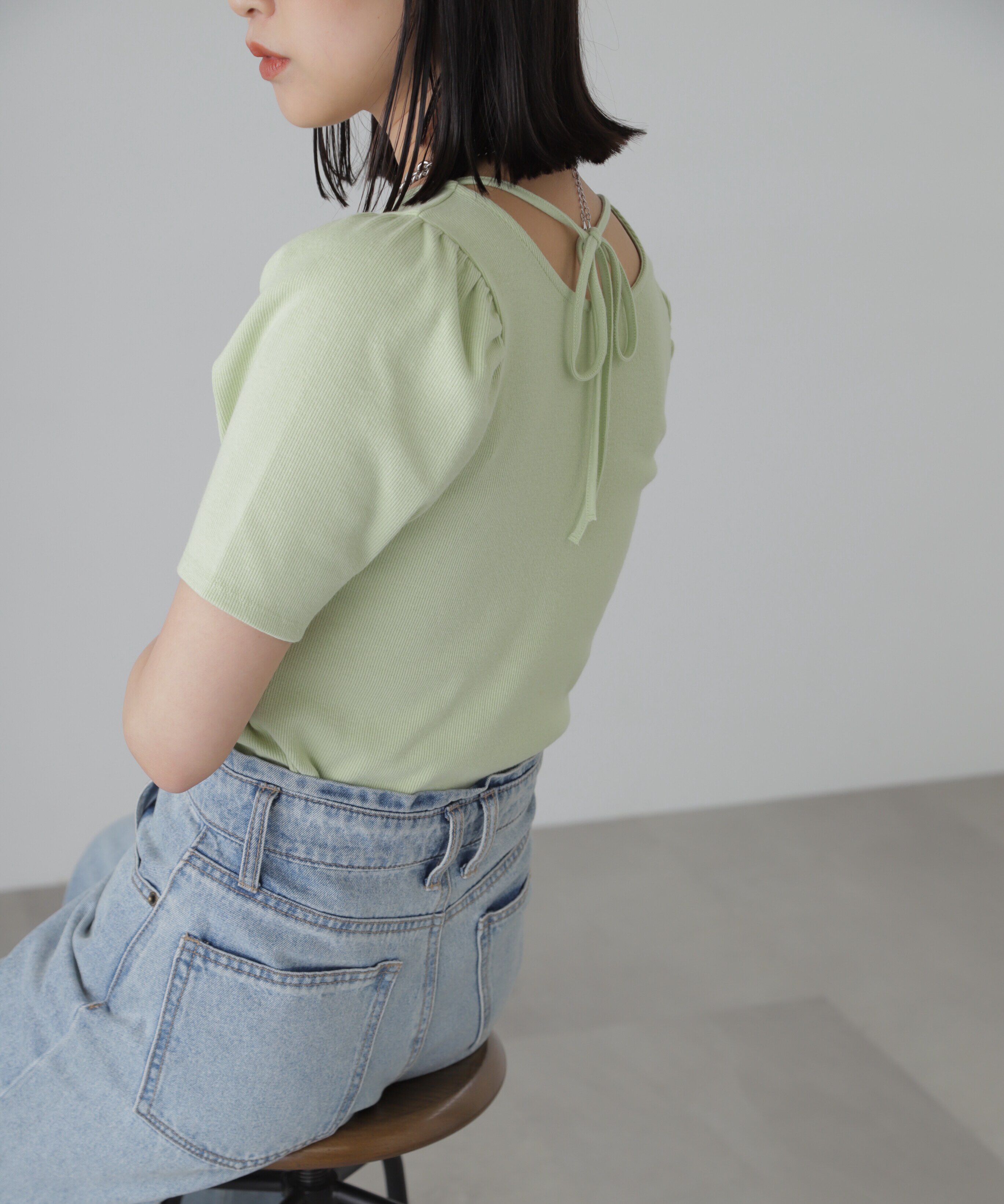  「バックリボンパフスリーブテレコカットソー」|Tシャツ・カットソー|