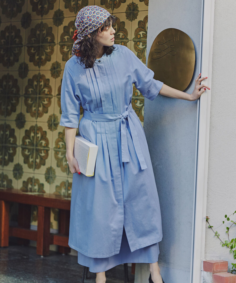  「◆コットンヘンプサテンハーフスリーブバンドカラーワンピース」|ワンピース|ラベンダー