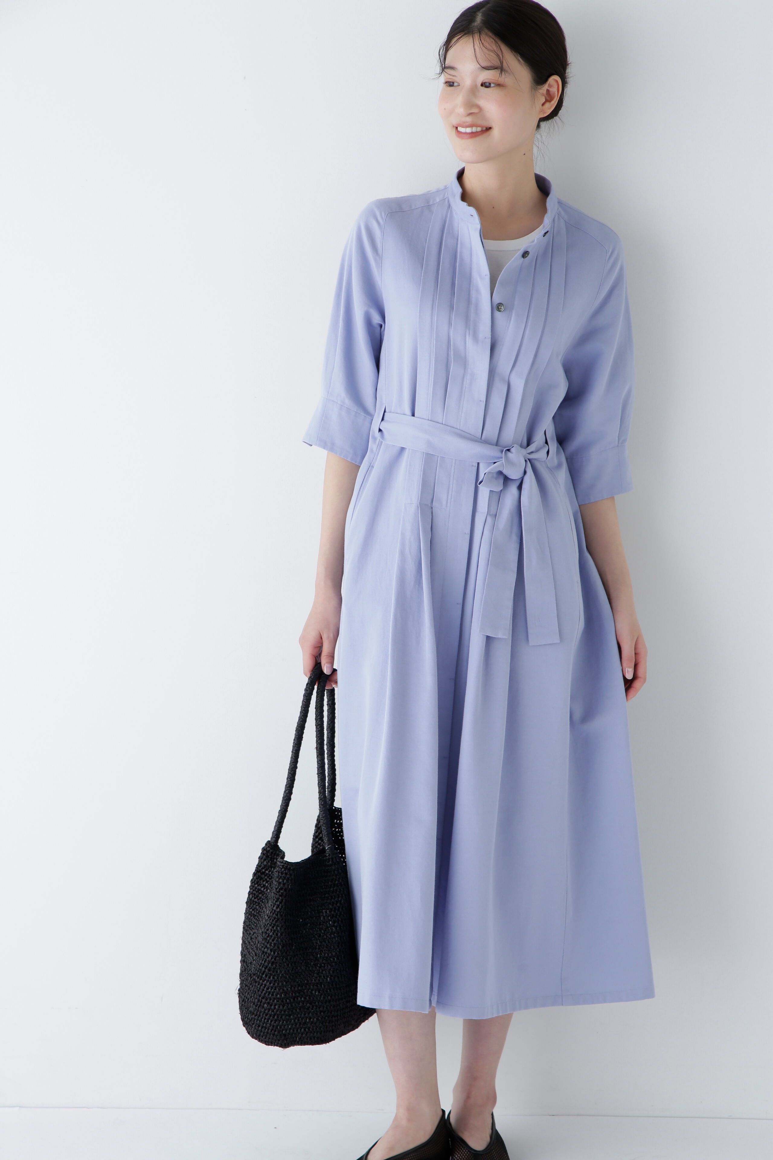  「◆コットンヘンプサテンハーフスリーブバンドカラーワンピース」|ワンピース|