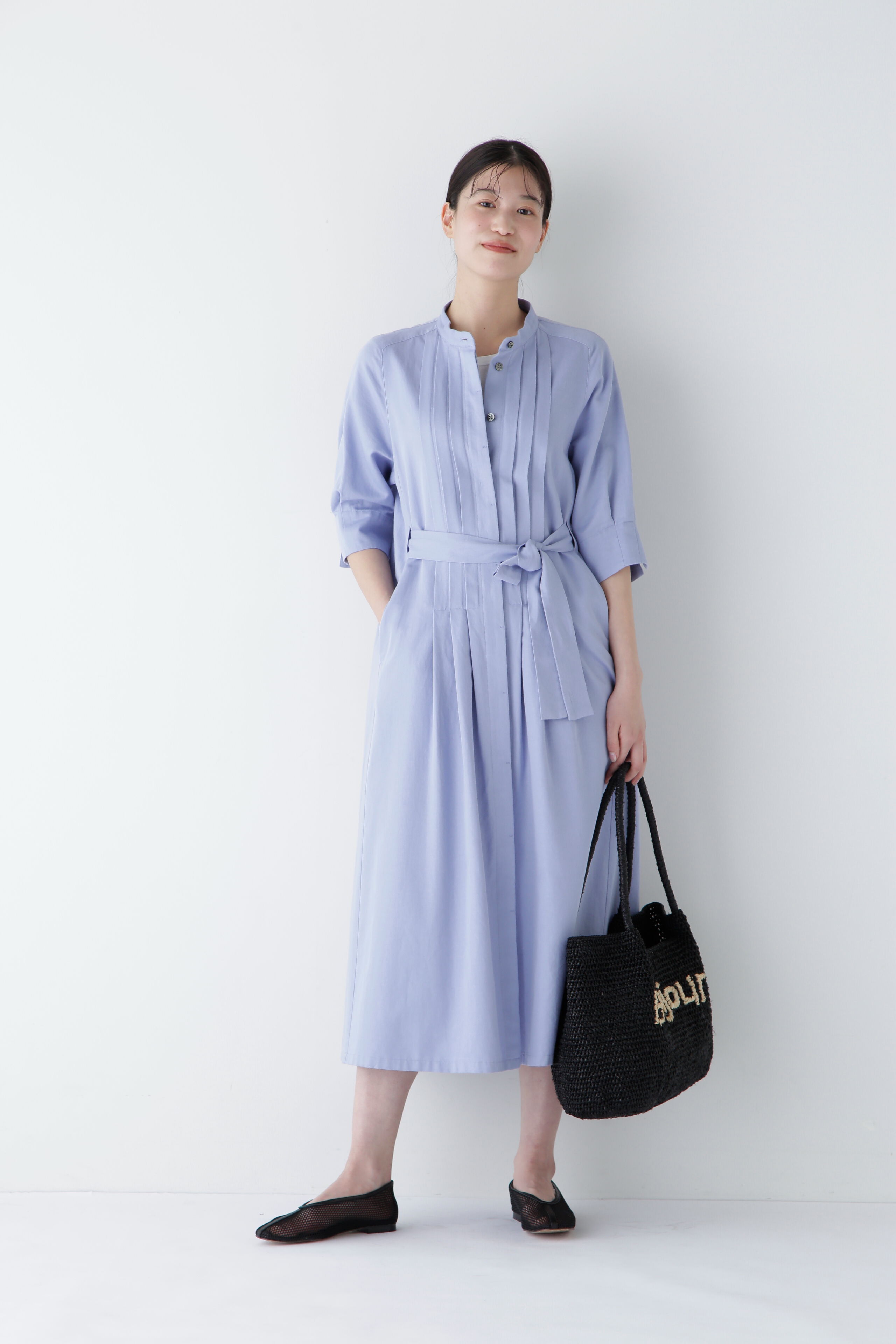  「◆コットンヘンプサテンハーフスリーブバンドカラーワンピース」|ワンピース|