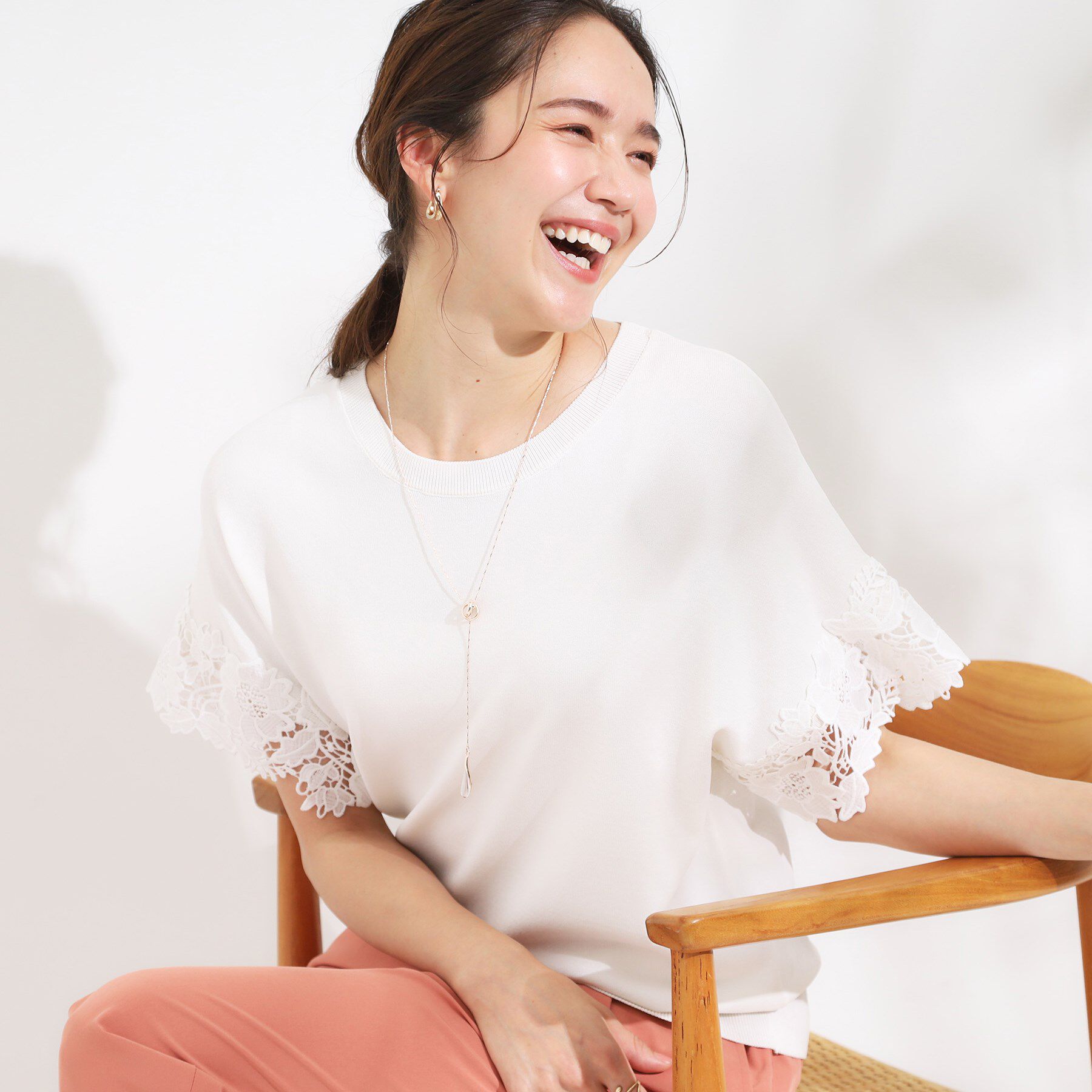SHOO･LA･RUE「【S-LL/ひんやり/UV/】大人上品な お袖レースニット」|ニット・セーター|オフホワイト(003