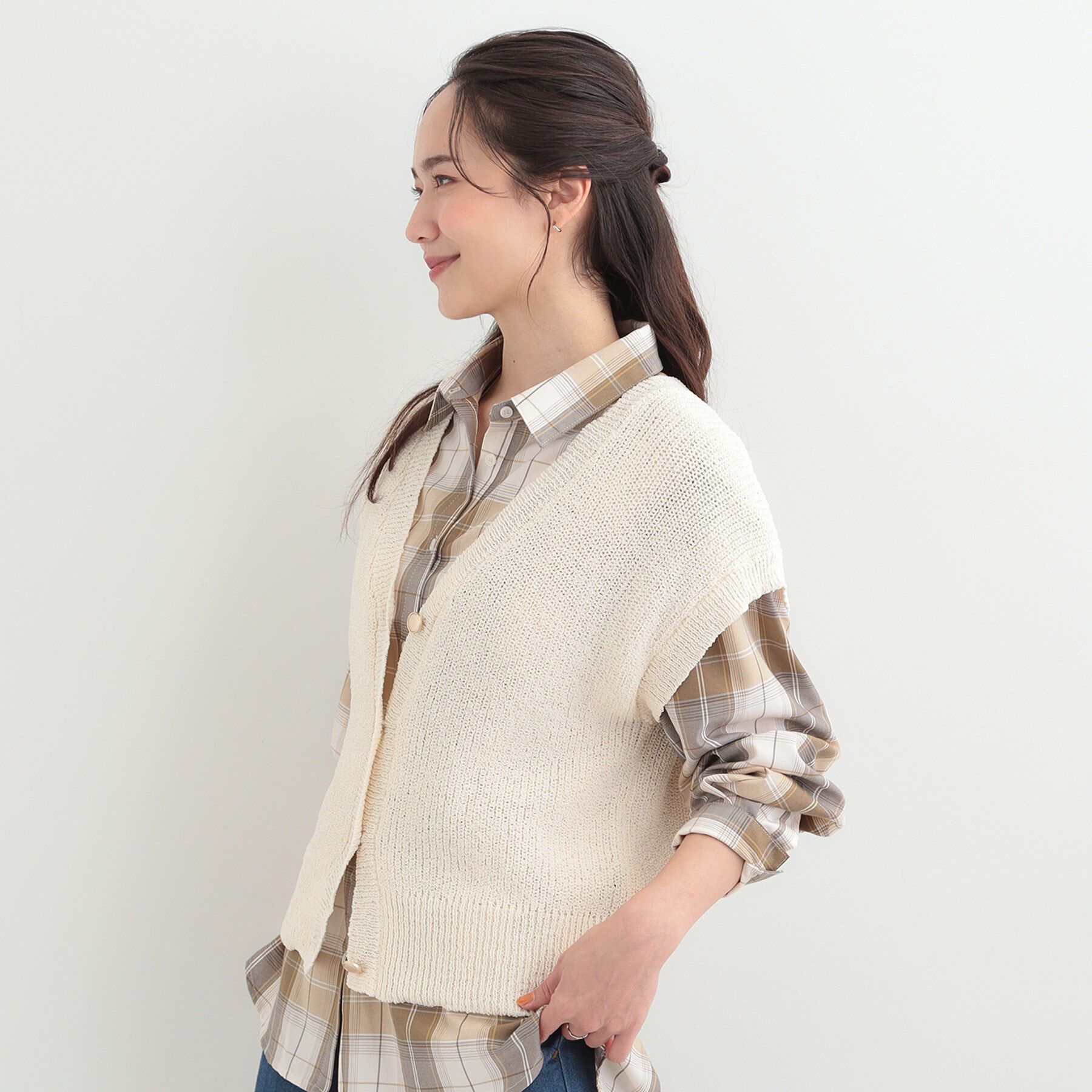 SHOO･LA･RUE「【S-LL/洗濯機可】気軽にレイヤード ざっくり前開きニットベスト」|ベスト・ジレ|