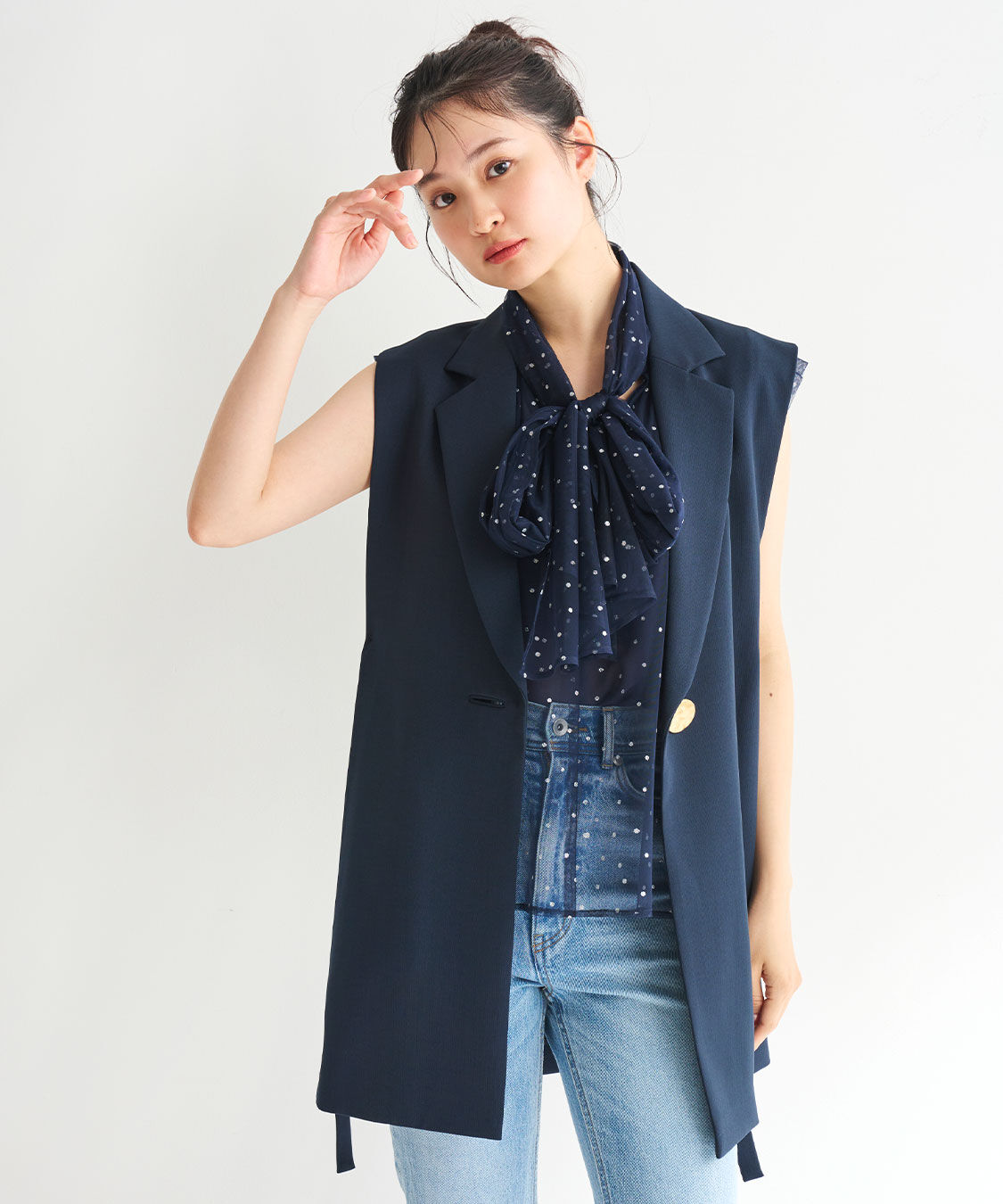 COCO DEAL「デザインボタンサイドリボンジレ」|ベスト・ジレ|ネイビー