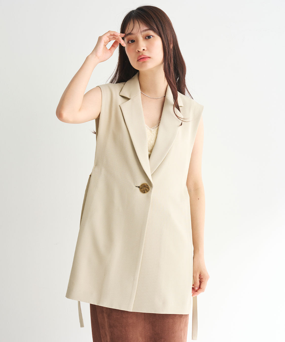 COCO DEAL「デザインボタンサイドリボンジレ」|ベスト・ジレ|ベージュ