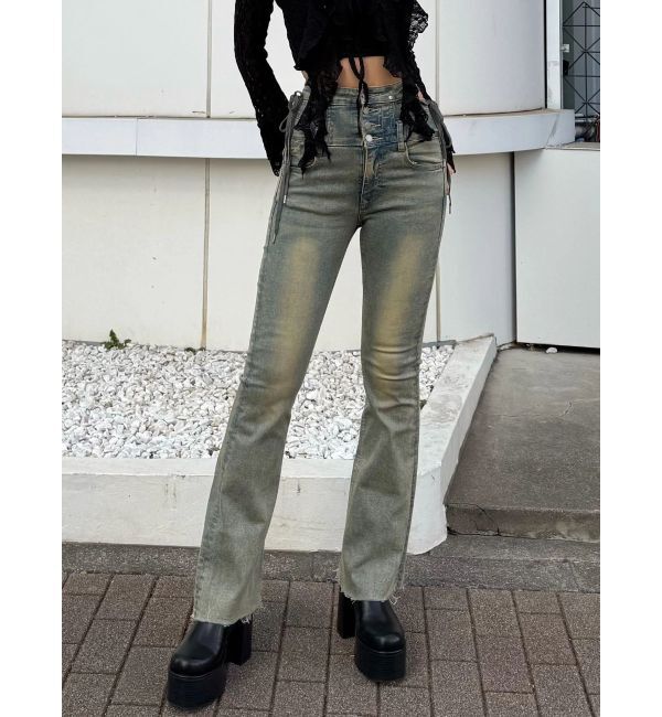 EMODA「サイドオープンハイウエストフレアパギンス」|デニム|アイスブルー