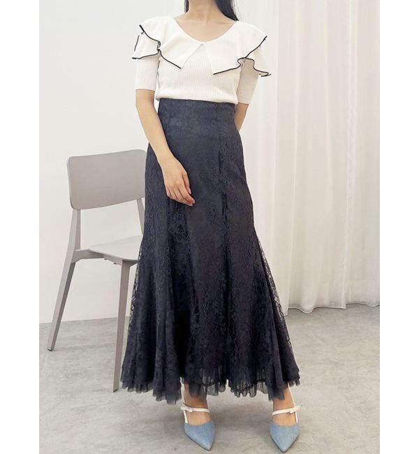 MERCURYDUO「オープンショルダーラッフルハーフスリーブニット」|ニット・セーター|