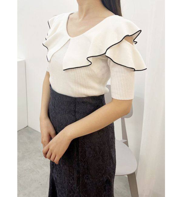 MERCURYDUO「オープンショルダーラッフルハーフスリーブニット」|ニット・セーター|