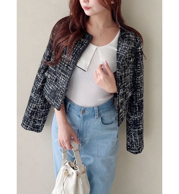 MERCURYDUO「オープンショルダーラッフルハーフスリーブニット」|ニット・セーター|