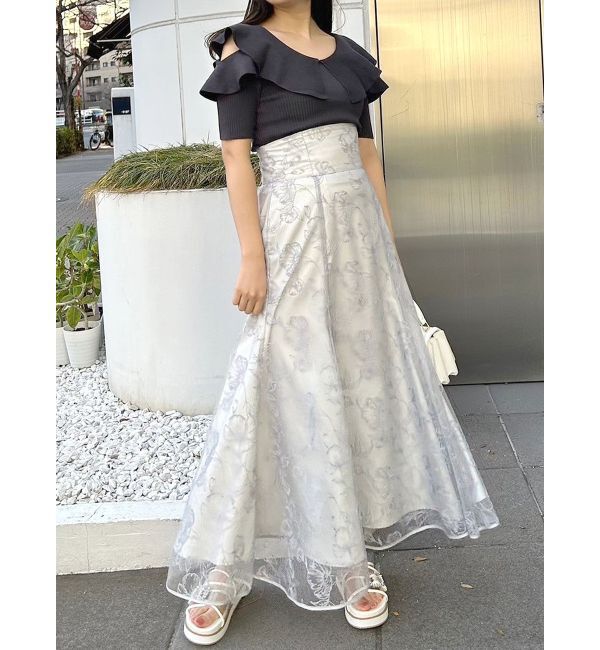 MERCURYDUO「オープンショルダーラッフルハーフスリーブニット」|ニット・セーター|