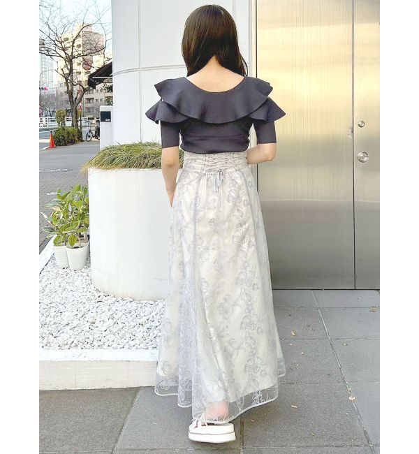 MERCURYDUO「オープンショルダーラッフルハーフスリーブニット」|ニット・セーター|