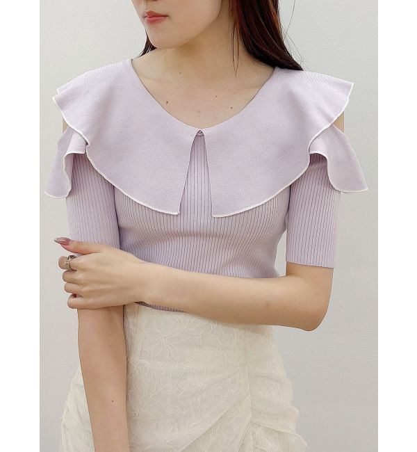 MERCURYDUO「オープンショルダーラッフルハーフスリーブニット」|ニット・セーター|