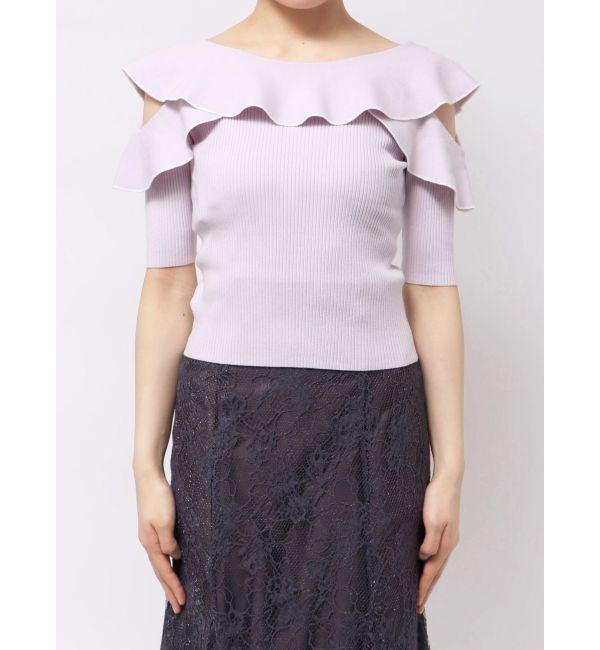 MERCURYDUO「オープンショルダーラッフルハーフスリーブニット」|ニット・セーター|