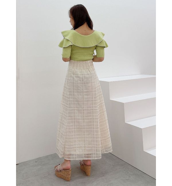 MERCURYDUO「オープンショルダーラッフルハーフスリーブニット」|ニット・セーター|