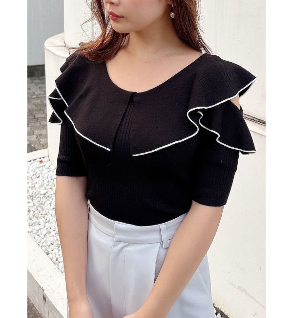MERCURYDUO「オープンショルダーラッフルハーフスリーブニット」|ニット・セーター|ブラック