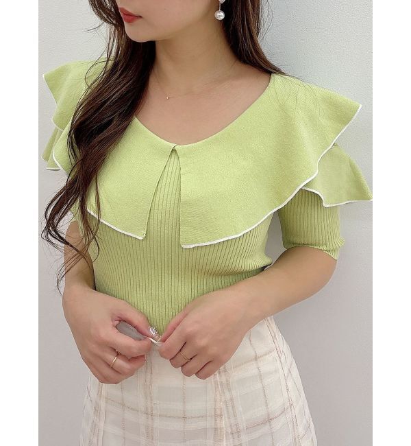 MERCURYDUO「オープンショルダーラッフルハーフスリーブニット」|ニット・セーター|ミントグリーン