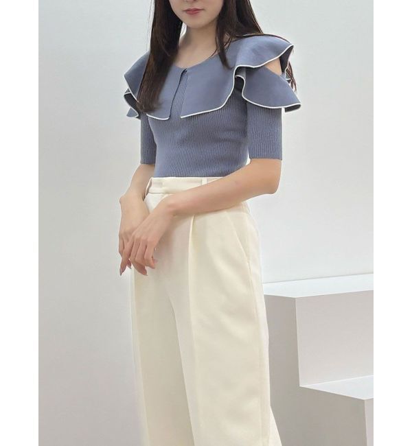 MERCURYDUO「オープンショルダーラッフルハーフスリーブニット」|ニット・セーター|アイスブルー