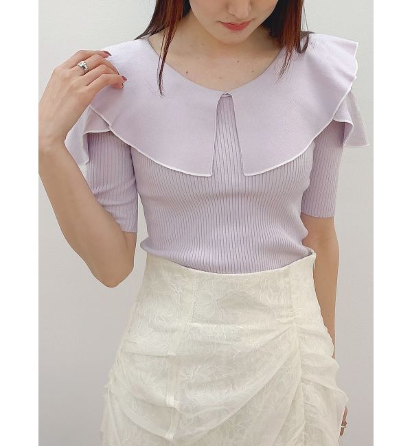 MERCURYDUO「オープンショルダーラッフルハーフスリーブニット」|ニット・セーター|ラベンダー