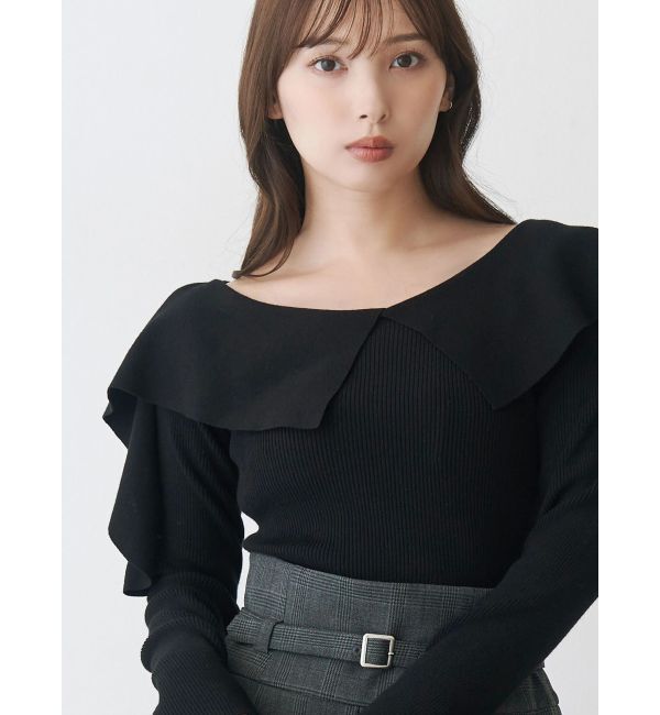 MERCURYDUO「ペプラムラッフルコンパクトニット」|ニット・セーター|ブラック