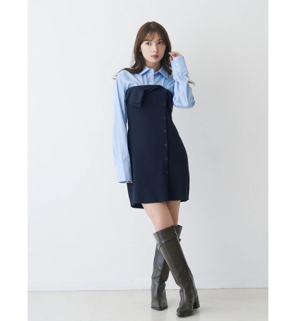 MERCURYDUO「【WEB限定カラーあり】シャツレイヤード風ニットドッキングミニワンピース」|ワンピース|