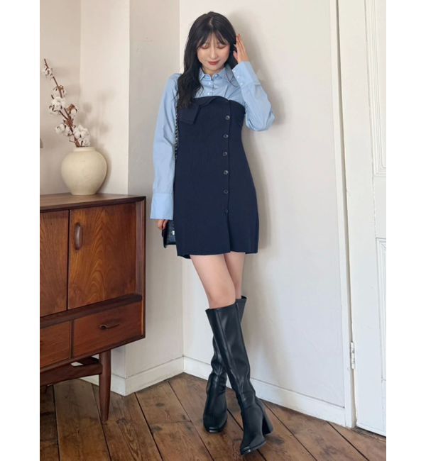 MERCURYDUO「【WEB限定カラーあり】シャツレイヤード風ニットドッキングミニワンピース」|ワンピース|