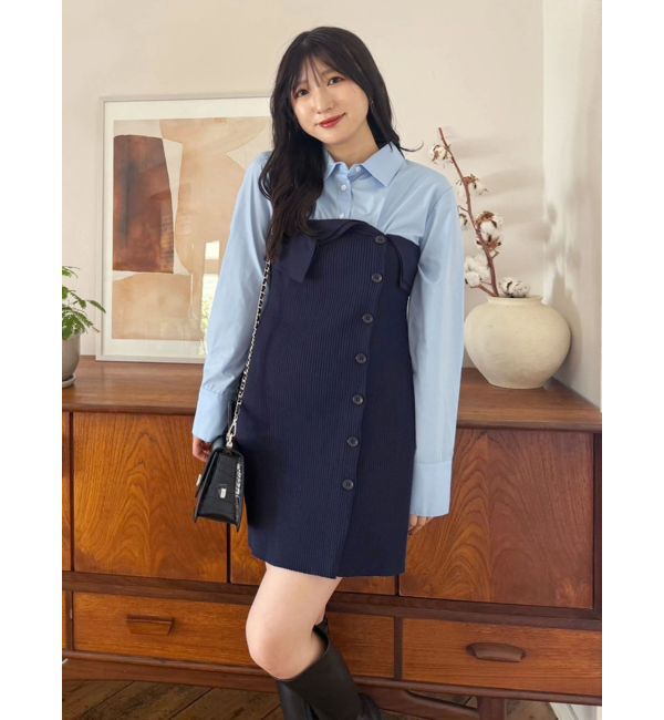 MERCURYDUO「【WEB限定カラーあり】シャツレイヤード風ニットドッキングミニワンピース」|ワンピース|