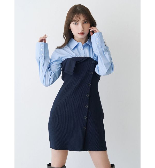 MERCURYDUO「【WEB限定カラーあり】シャツレイヤード風ニットドッキングミニワンピース」|ワンピース|