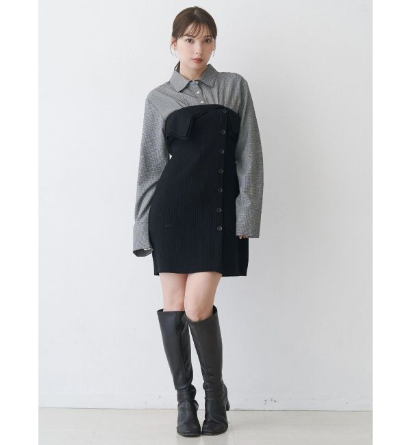 MERCURYDUO「【WEB限定カラーあり】シャツレイヤード風ニットドッキングミニワンピース」|ワンピース|