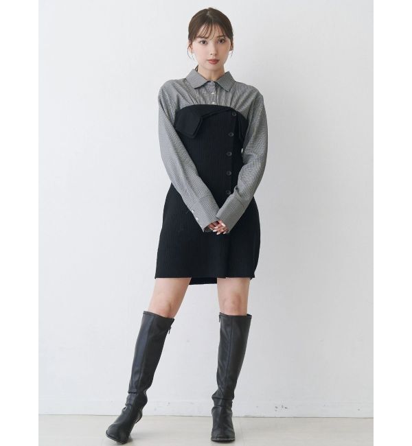 MERCURYDUO「【WEB限定カラーあり】シャツレイヤード風ニットドッキングミニワンピース」|ワンピース|
