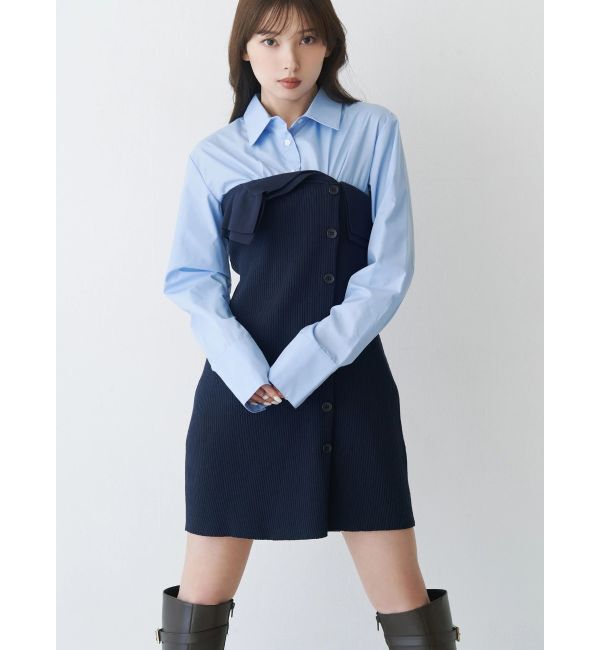 MERCURYDUO「【WEB限定カラーあり】シャツレイヤード風ニットドッキングミニワンピース」|ワンピース|ブルー