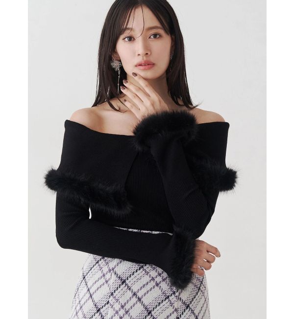 MERCURYDUO「【WEB限定カラーあり】フェイクファートリミングニット」|ニット・セーター|ブラック