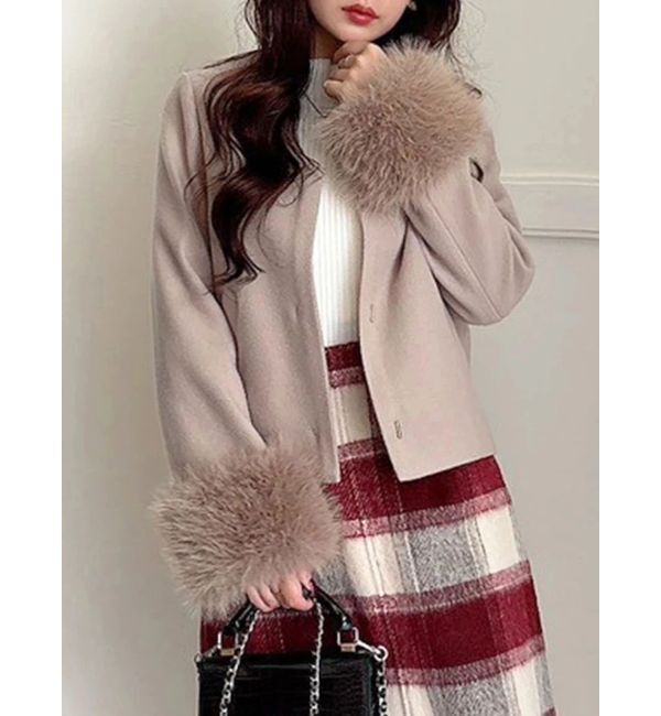 MERCURYDUO「フェイクファー付きノーカラーショートコート」|その他|ベージュ