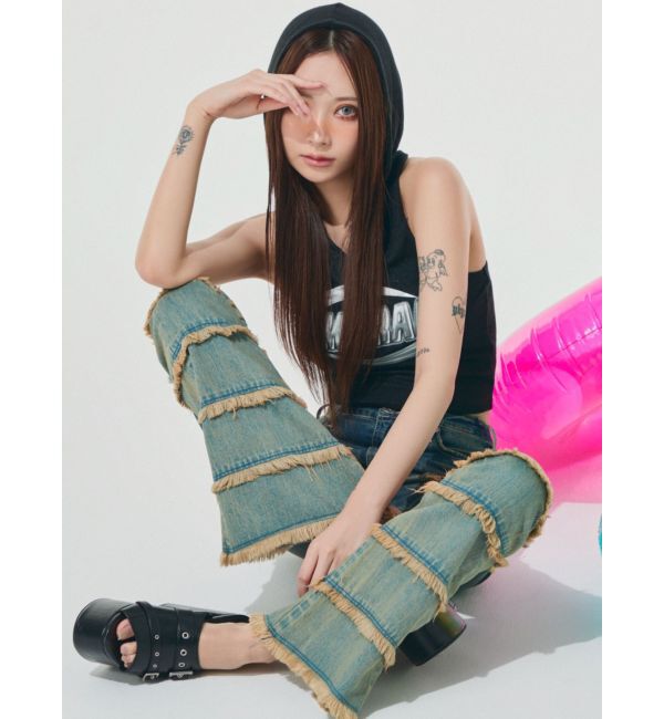GYDA「ハイウエストTIERED FRINGEフレアデニムパンツ」|デニム|