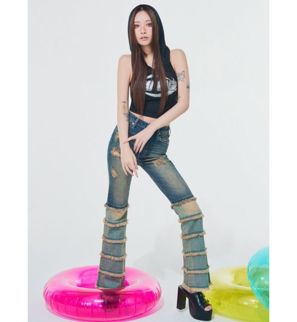 GYDA「ハイウエストTIERED FRINGEフレアデニムパンツ」|デニム|