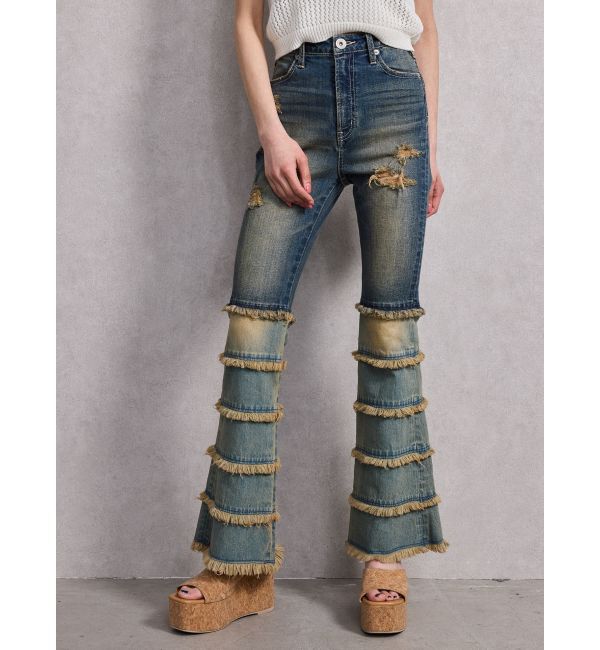 GYDA「ハイウエストTIERED FRINGEフレアデニムパンツ」|デニム|インディゴ