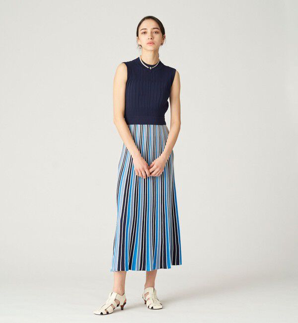  「【ドラマ着用商品】ストライプブロッキングニットドレス」|ワンピース|ネイビー